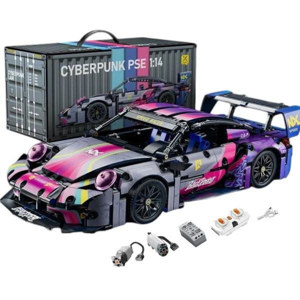 Конструктор спорткар на радіокеруванні Technic Porsche 911 кіберпанк 1:14 з моторами та підсвіткою 1116 деталей фіолетовий
