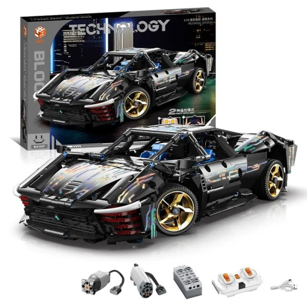 Конструктор спорткара на радіокеруванні Technic Ferrari Cyberpunk 1:14 з підсвіткою 1272 деталей чорний