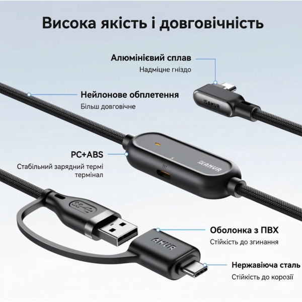 5-метровий кабель AMVR LC6 USB - Type-C 3.2 36W з додатковим живленням для Meta Quest 3 / 3S / 2 чорний