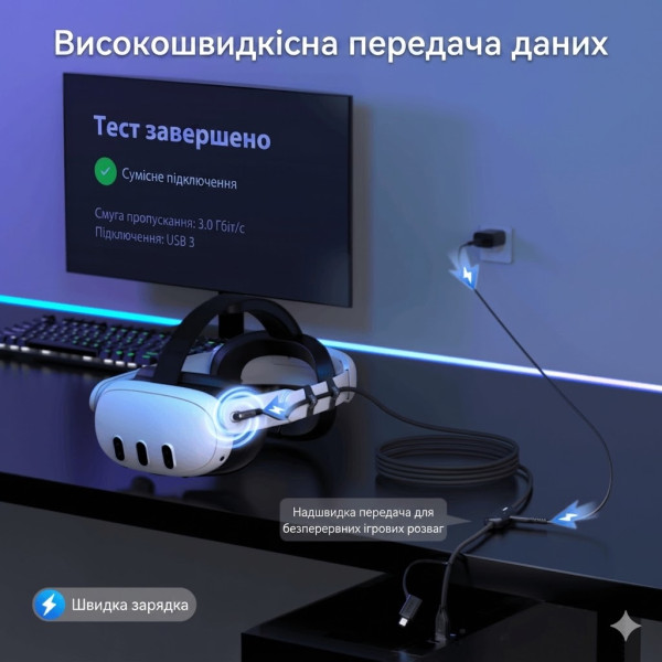 5-метровий кабель AMVR LC6 USB - Type-C 3.2 36W з додатковим живленням для Meta Quest 3 / 3S / 2 чорний